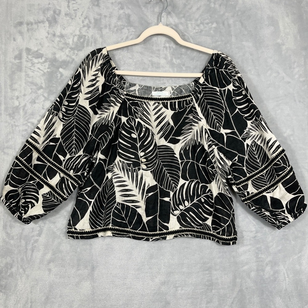 Cynthia Rowley Womens Top L Black White Linen Tropical Leaf Crochet Boho Coastal